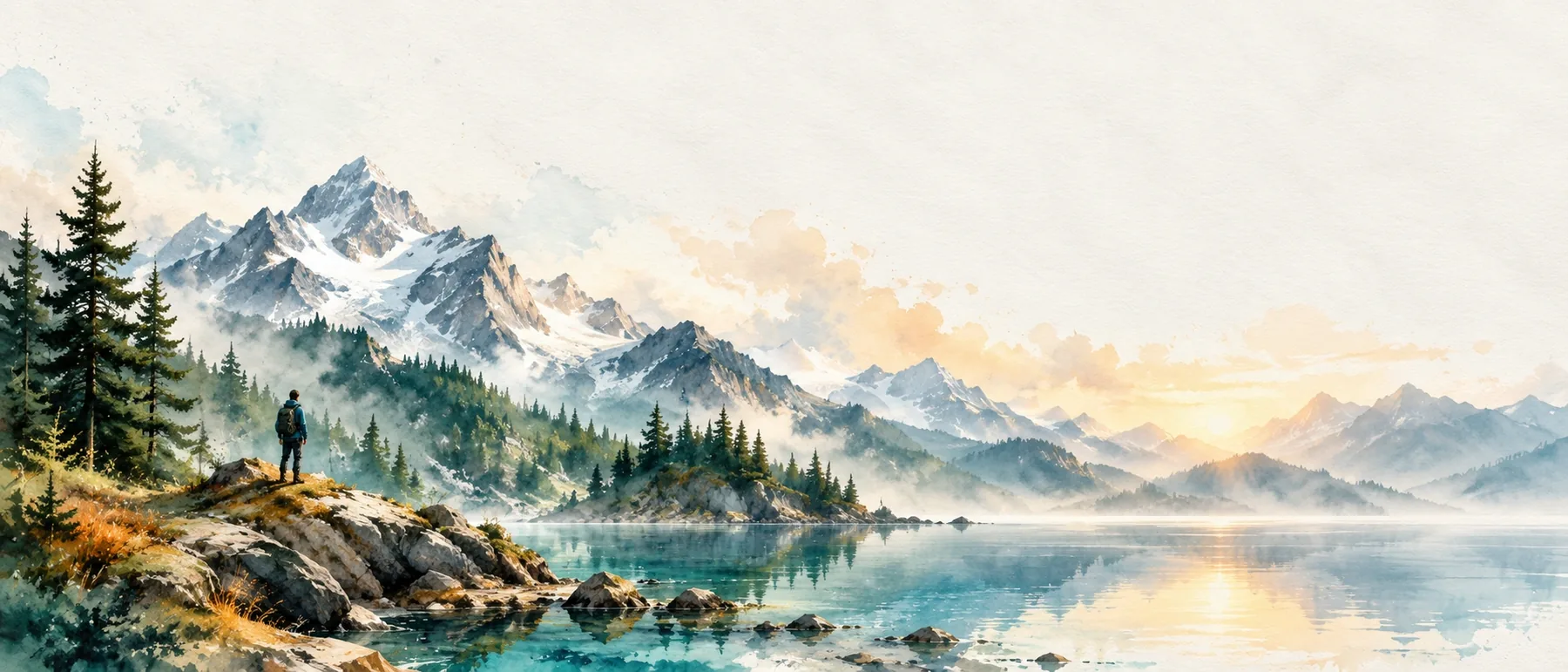 A pale watercolour lake between mountains at first light