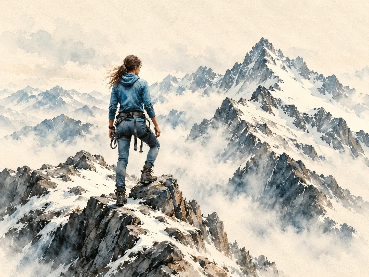 A climber standing on a high ridge in the clouds