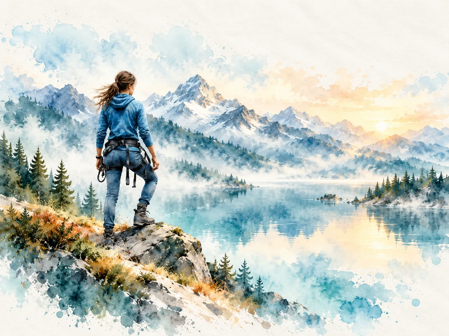 A figure above a wide lake held in soft light