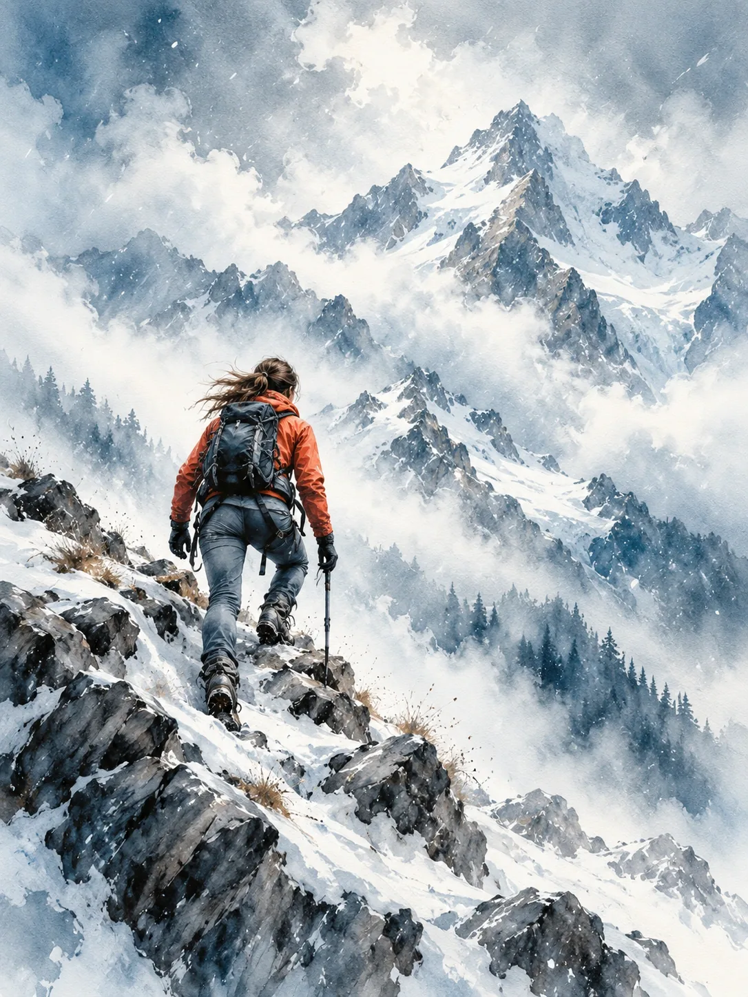 A climber pushing up a rocky slope in mist