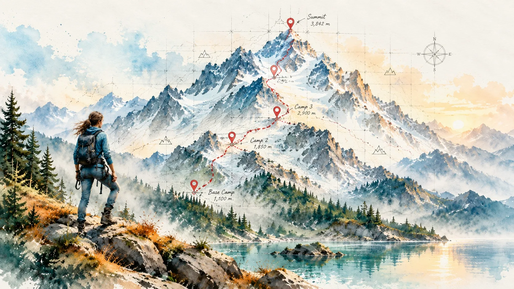 The mountain drawn as a survey map with a plotted route and camps