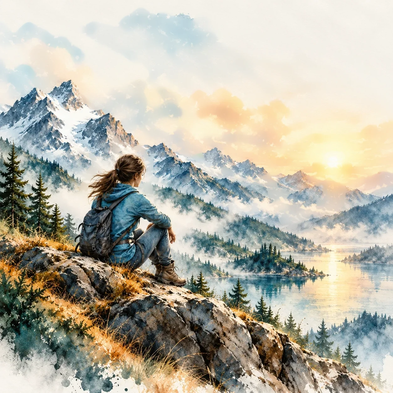 A person sitting while fine drawn rings circle a warm sun they never close around