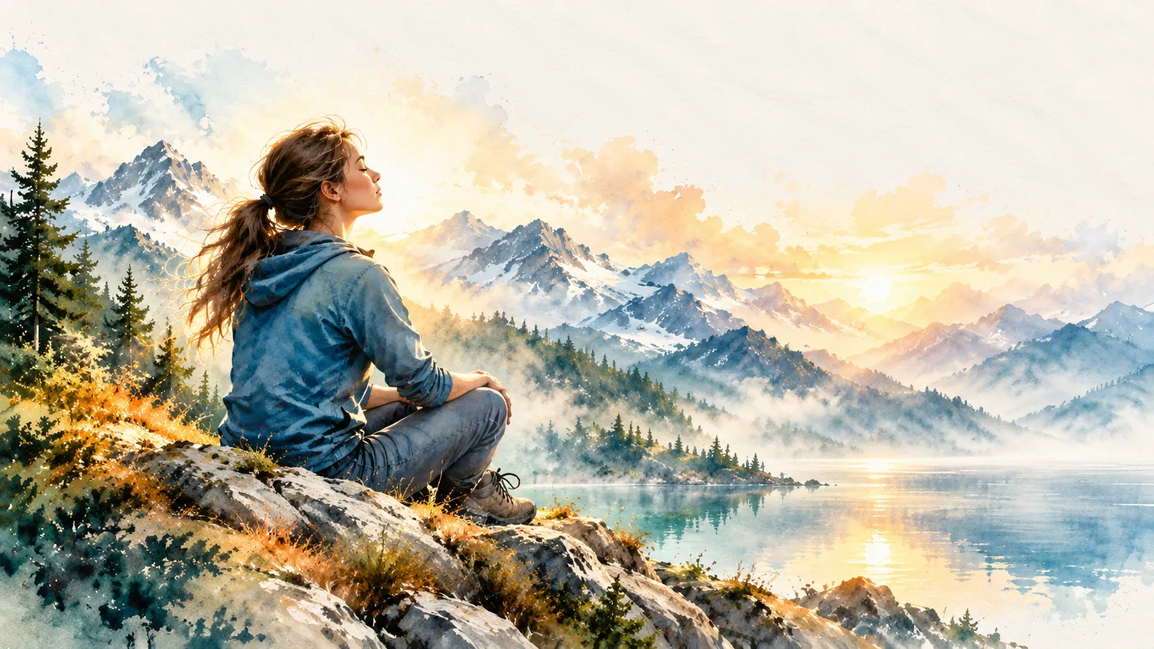 A woman sitting on a rock with her eyes closed, facing the light