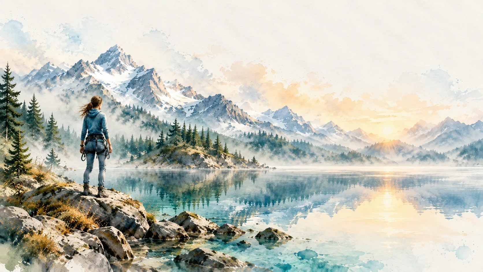 A person standing at the edge of still water