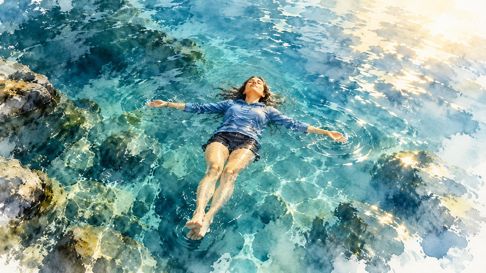 A woman floating on her back in clear water, carried